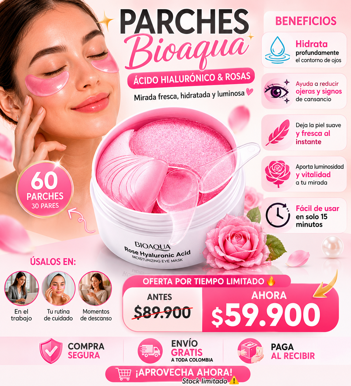 🌹Parches Bioaqua Rosa | Mirada Fresca, Hidratada y Radiante